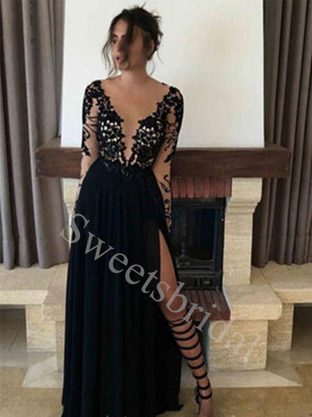 Elegant V-neck Long sleeves Side slit A-line Long Prom Dresses,SW1629