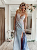 Sexy Spaghetti straps V-neck Side slit Mermaid Long Prom Dresses,SW1602