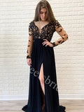 Elegant V-neck Long sleeves Side slit A-line Long Prom Dresses,SW1610