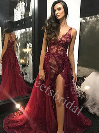 Sexy Sleeveless V-neck Side slit A-line Prom Dresses,SW1571