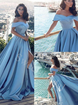 Elegant Sweetheart Off-shoulder Side slit A-line Prom Dresses,SW1565