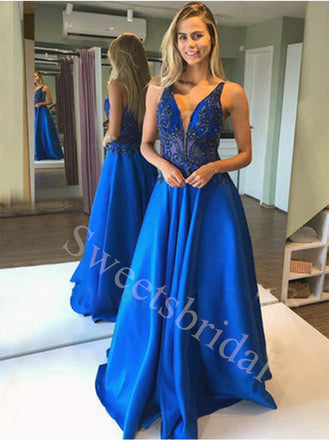 Sexy Deep V-neck Sleeveless V-back A-line Prom Dresses,SW1562