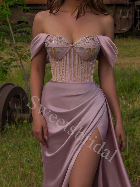 Elegant Off shoulder Sweetheart Side slit  Sheath Long Prom Dresses,SW1615