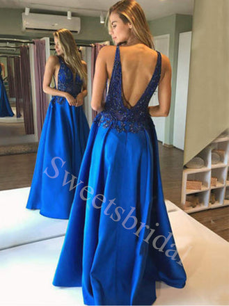 Sexy Deep V-neck Sleeveless V-back A-line Prom Dresses,SW1562
