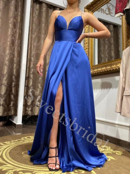 Elegant V-neck Side slit A-line Prom Dresses,SW1653
