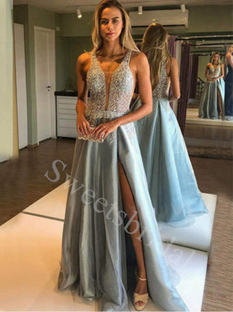 Sexy Deep V-neck Sleeveless Side slit A-line Prom Dresses,SW1563
