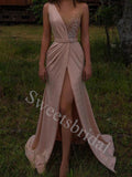 Elegant V-neck Sleeveless Side slit A-line Prom Dresses,SW1644