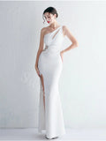 Elegant One shoulder Side slit Mermaid Prom Dresses,SW1636