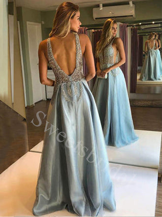 Sexy Deep V-neck Sleeveless Side slit A-line Prom Dresses,SW1563