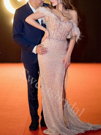 Sexy Sweetheart Off shoulder Side slit Mermaid Long Prom Dresses,SW1618