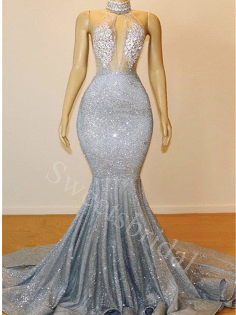 Sexy Halter Sleeveless Mermaid Long Prom Dresses,SW1623