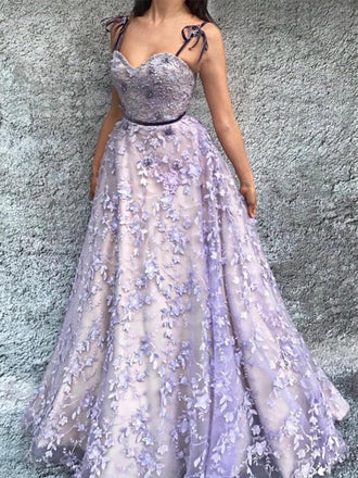Purple Lace Spaghetti Strap Charming Long Prom Dresses , DB1098