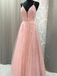 Elegant A Line Spaghetti Strap V-neck Long Prom Dresses With Appliques , DPB158
