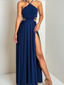 Pretty High Neck Criss Cross Side Slit Royal Blue Long Prom Dresses, DPB161