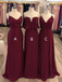 Simple A Line Spaghetti Strap Chiffon Burgundy Long Bridesmaid Dresses, DPB162