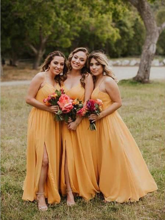 Simple Spaghetti Strap A Line V Neck Side Slit Chiffon Long Bridesmaid Dresses, SW1011