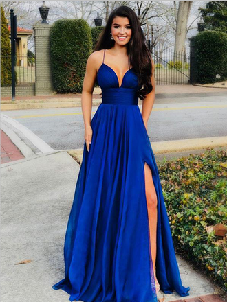 Simple Spaghetti Strap A Line Side Slit Floor Length Long Prom Dresses, MD465