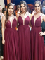 Elegant Spaghetti Strap Burgundy Chiffon A Line Long Bridesmaid Dresses, SW1091