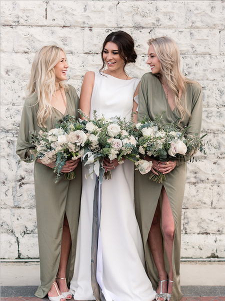 Pretty Olive Green V Neck Chiffon Floor Length Long Bridesmaid Dresses, SW1059