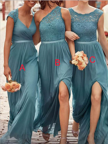 Charming Mismatched Chiffon Lace Top A Line Elegant Long Bridesmaid Dresses, SW1048