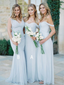 Mismatched Light Blue A Line Off The Shoulder Chiffon Long Bridesmaid Dresses, MD479