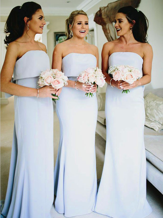 Elegant Strapless Light Blue Cheap Mermaid Chiffon Long Bridesmaid Dresses, SW1015