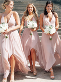 Simple Light Pink Spaghetti Strap V Neck High Low Bridesmaid Dresses, SW1076