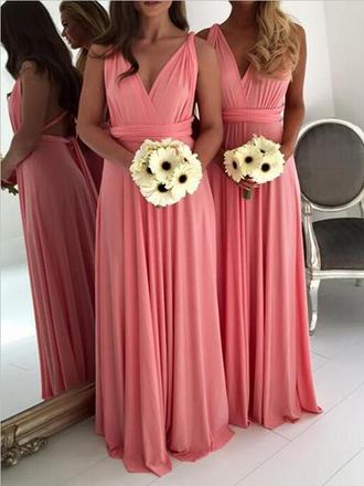Cheap V Neck Sleeveless A Line Chiffon Floor Length Long Bridesmaid Dresses, SW1072
