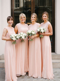 Affordable Round Neck Sleeveless A Line Floor Length Long Bridesmaid Dresses, SW1085