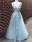 Elegant Spaghetti Strap V Neck Open Back Applique Tulle Long Prom Dresses ,MD343