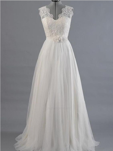 Pretty A Line Lace Top V Neck Sleeveless Long Splendid Wedding Dresses ,MD377