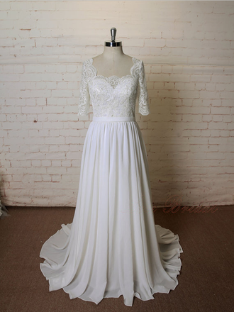 Elegant Square Neckline Lace Top Half Sleeves A Line Long Wedding Dresses, MD436