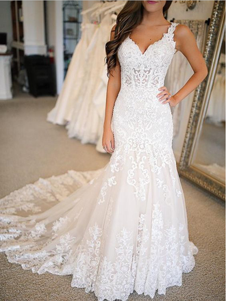 Pretty Lace Applique Spaghetti Straps V Neck Mermaid Wedding Dresses ,MD346