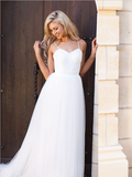 Simple Lace Top Spaghetti Straps A Line Sweep Trailing Long Wedding Dresses ,MD434