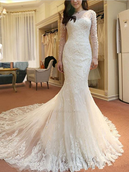 Gorgeous Long Sleeves Sweep Trailing Mermaid Long Wedding Dresses ,MD373