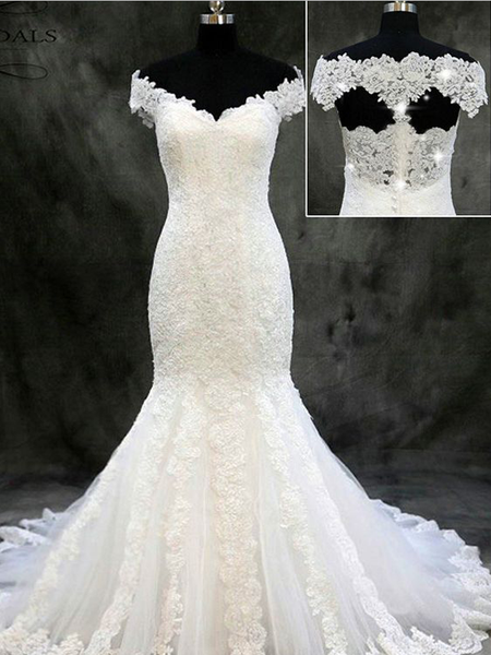 Gorgeous Off The Shoulder Neckline Mermaid With Lace Applique Long Wedding Dresses, MD449