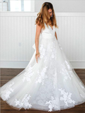 Gorgeous V Neck Open Back Lace Applique A Line Floor Length Wedding Dresses, MD423