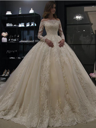 Gorgeous Off The Shoulder Long Sleeves Ball Gown Lace Wedding Dresses ,MD371