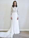 Elegant Long Sleeves Chiffon Lace Sweep Trailing Long Wedding Dresses ,MD358