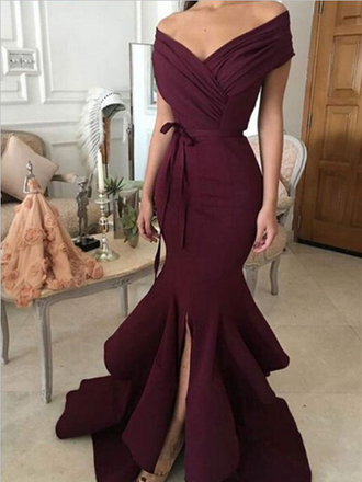 Unique Off The Shoulder V Neck Sweep Trailing Satin Mermaid Long Prom Dress, MD426