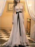 Simple Spaghetti Straps V Neck Floor Length Long Chiffon Prom Dresses, MD401