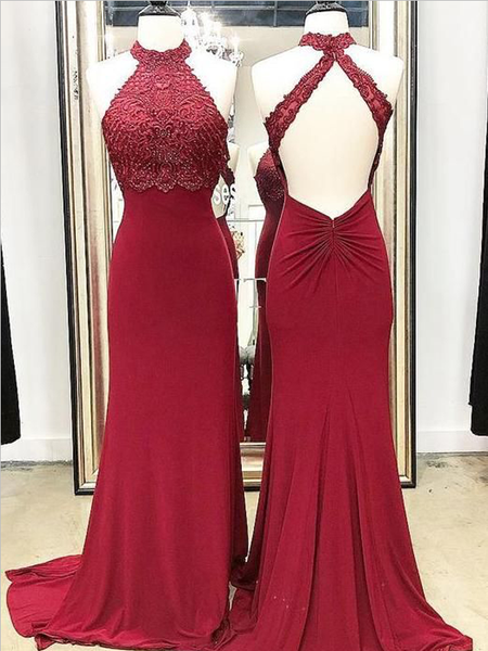 Gorgeous Halter Neckline Open Back Sweep Trailing Long Mermaid Prom Dresses, MD413