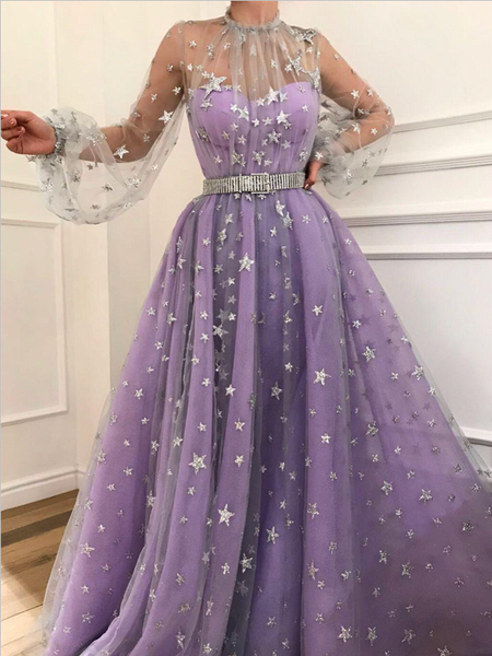 Unique Long Sleeves A Line Sparkly Star Tulle Evening Dresses Long Prom Dresses, MD425