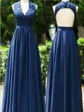 Simple V Neck A Line Backless Lace Top Floor Length Long Prom Dresses, MD386