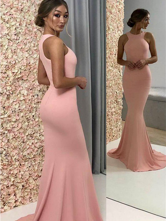 Simple Jewel Floor Length Elastic Satin Mermaid Long Prom Dresses ,MD376