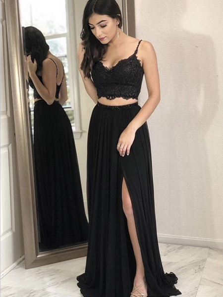 Sexy Black Two Pieces Spaghetti Straps Side Slit Long Prom Dresses, MD392