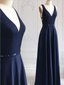 Simple Navy Blue V Neck A Line Sleeveless Floor Length Long Prom Dresses, MD414