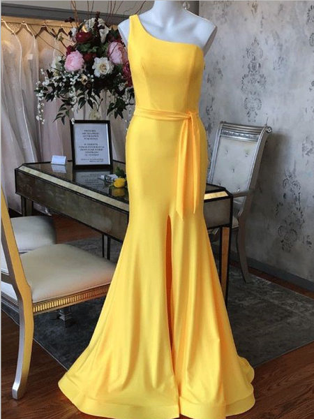 Simple One Shoulder Light Yellow Mermaid Long Evening Prom Dresses, MD391