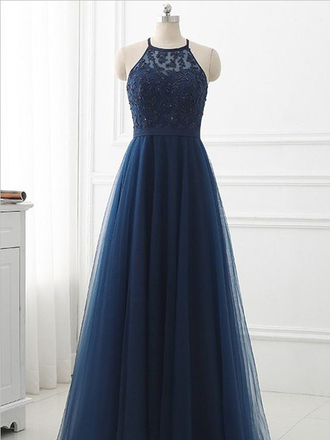 Simple Navy Blue Halter A Line Tulle Lace With Beading Long Prom Dresses, MD419