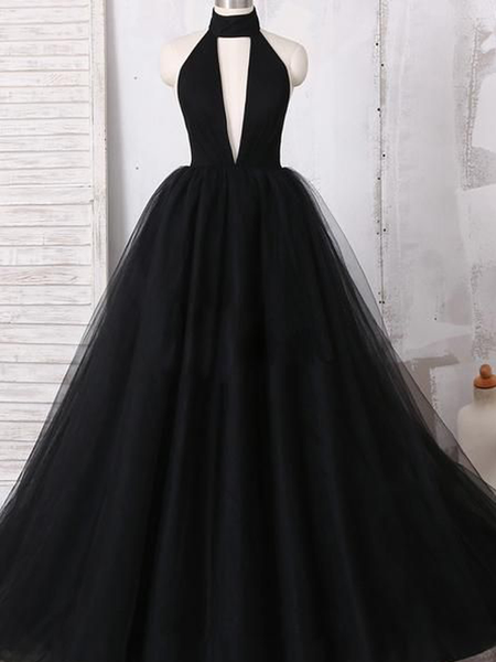 Pretty Black Halter Tulle Ball Gown Open Back A Line Long Prom Dresses, MD418